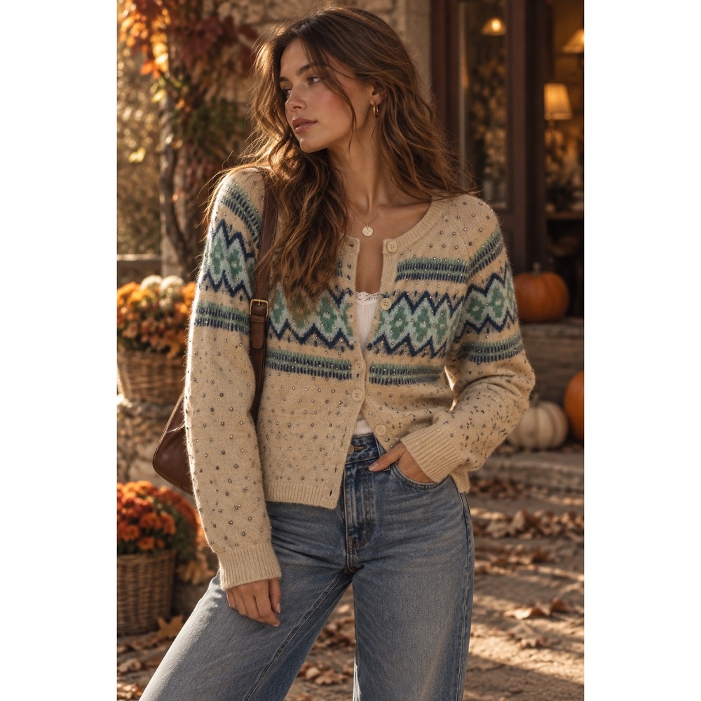 J.Crew Cardigan Beige Fair Isle Rhinestone Embellished Wool Alpaca Blend XS